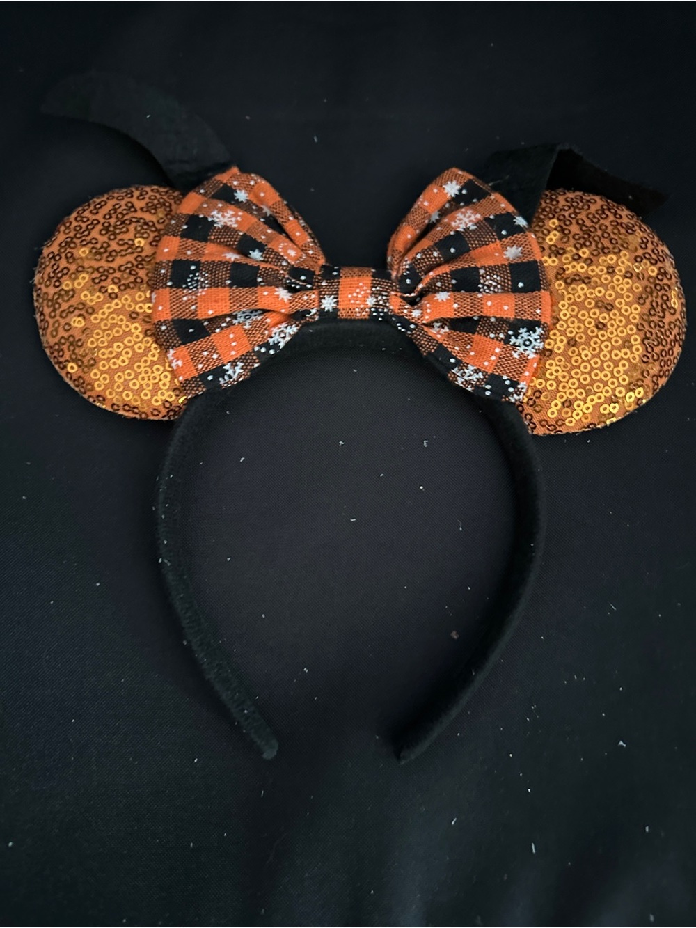 Kids Halloween Orange Sequin Mouse Ear Headband with Plaid Bow
